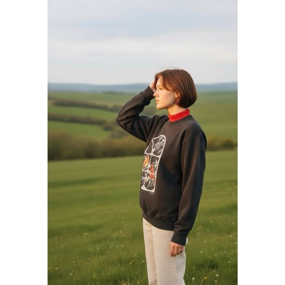 Morning Sun Tops - Vintage Morning Sun Black L Window Cardinals Winter Scene Red Crewneck Sweater